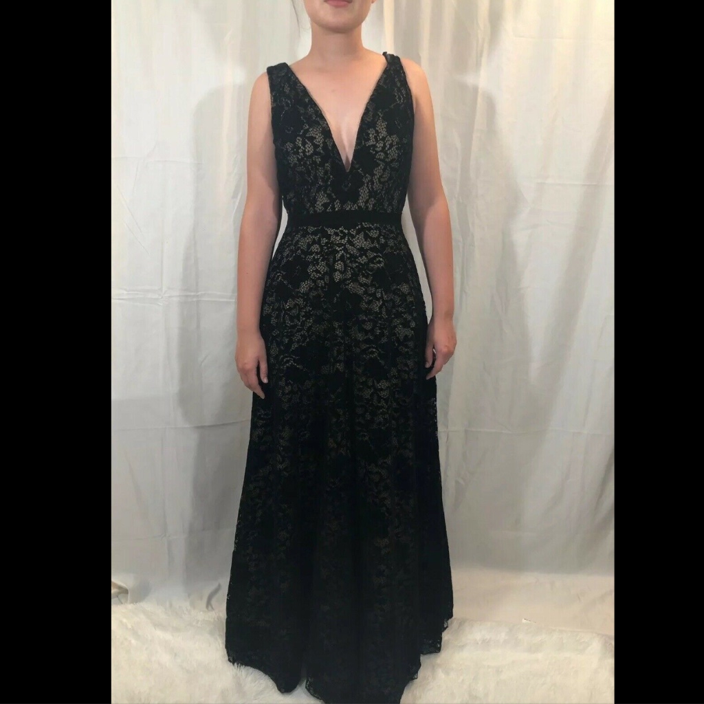 New Tadashi Shoji Velvet Floral Black V-Neck Gown